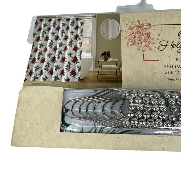 Christmas Shower Curtain Oh Holy Night Poinsettia Pine Hooks New - Picture 12 of 14